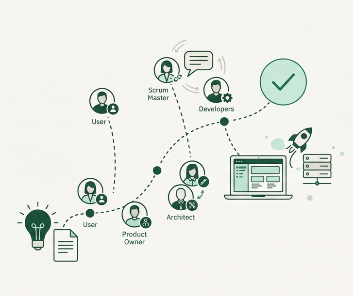 De weg van idee naar oplevering: user, product owner, architect, scrum master en developers werken samen naar een afgerond resultaat